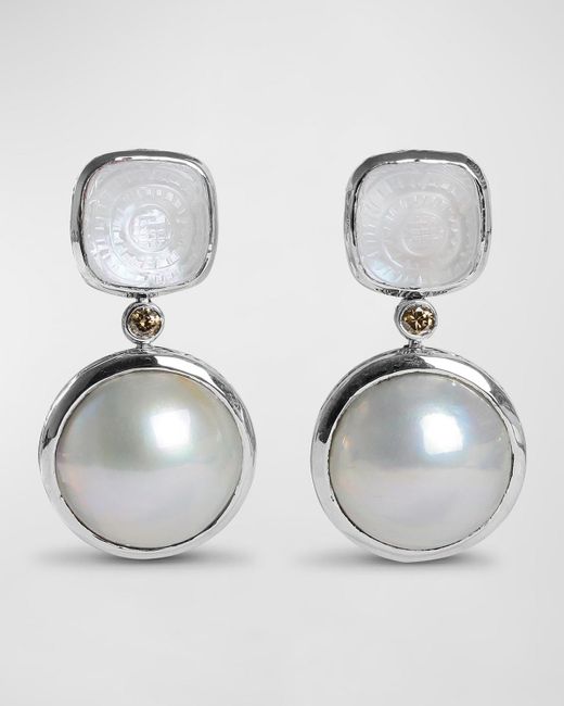 Stephen Dweck Metallic Hand Carved Natural Quartz And Mabe Pearl Earrings, White