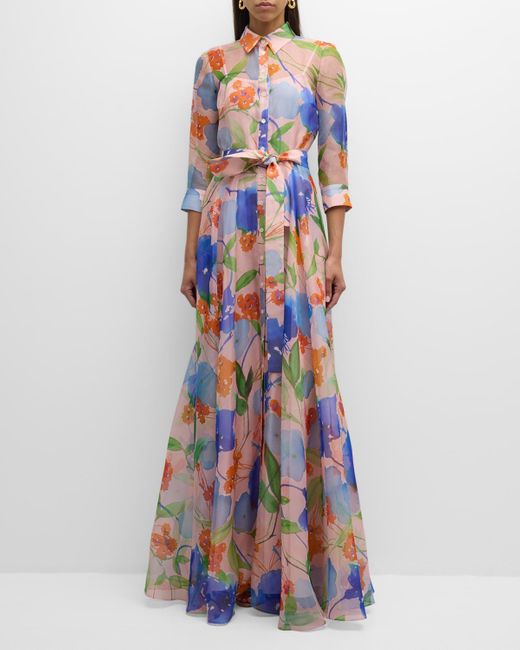 Carolina Herrera Blue Floral-Print Belted Trench Gown