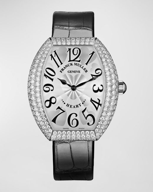 Franck Muller Gray 18k White Gold Hearts 3-row Diamond Watch With Alligator Strap