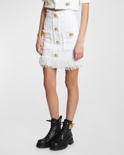 Balmain White High-Waist Fringed Tweed Mini Skirt