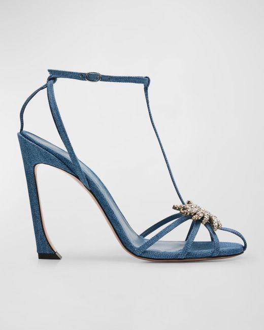 Piferi Blue Maggio Crystal Denim T-Strap Sandals