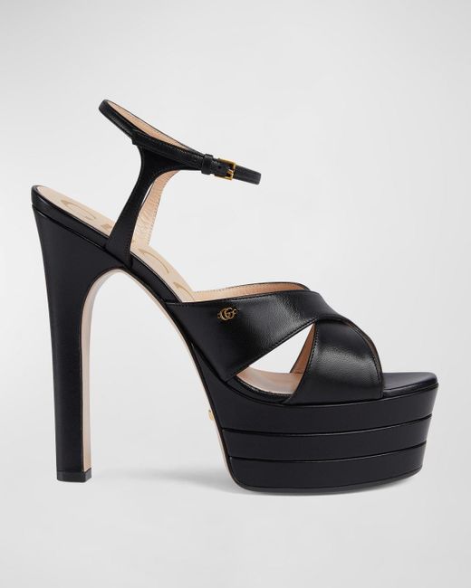 Gucci Black Calfskin Crisscross Stiletto Platform Sandals