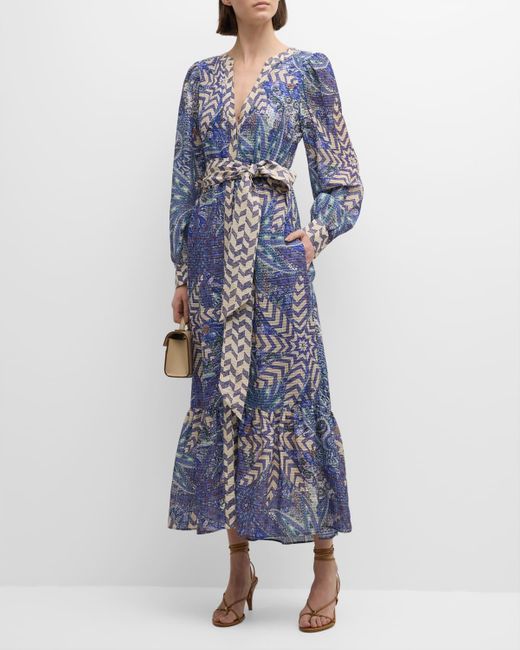 Marie Oliver Blue Hannon Geometric-Print Seersucker Midi Dress