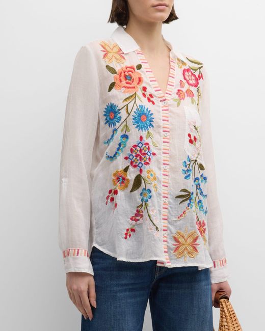 Johnny Was White Dionne Floral-Embroidered Button-Down Shirt