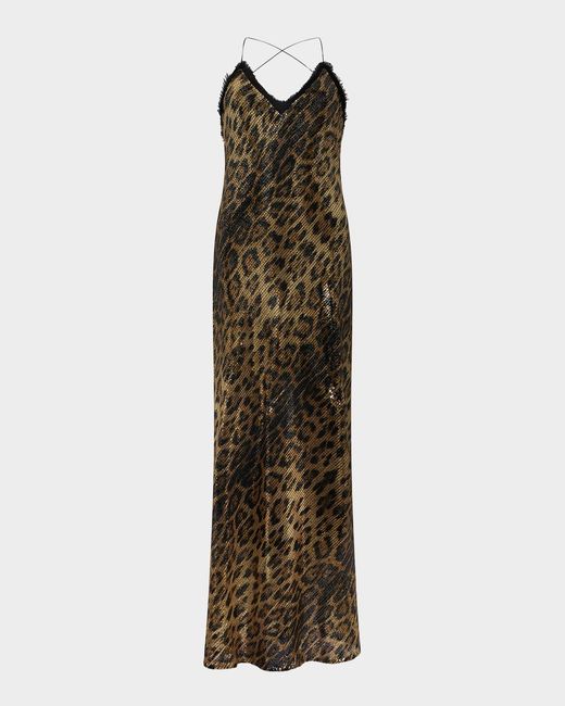 Roberto Cavalli Natural Jaguar-Print Sequined Backless Maxi Slip Dress