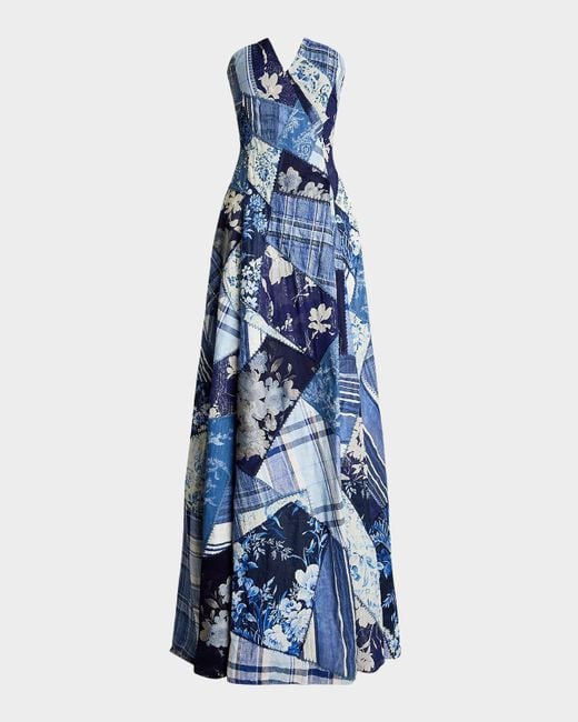 Ralph Lauren Blue Nm X Rl Barrick Strapless Patchwork Bustier Gown