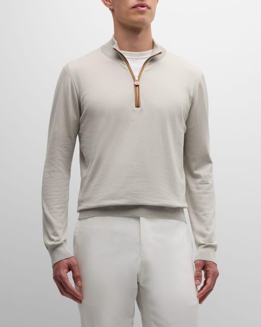 Kiton Gray Quarter-Zip Cotton Sweater With Suede Trim for men