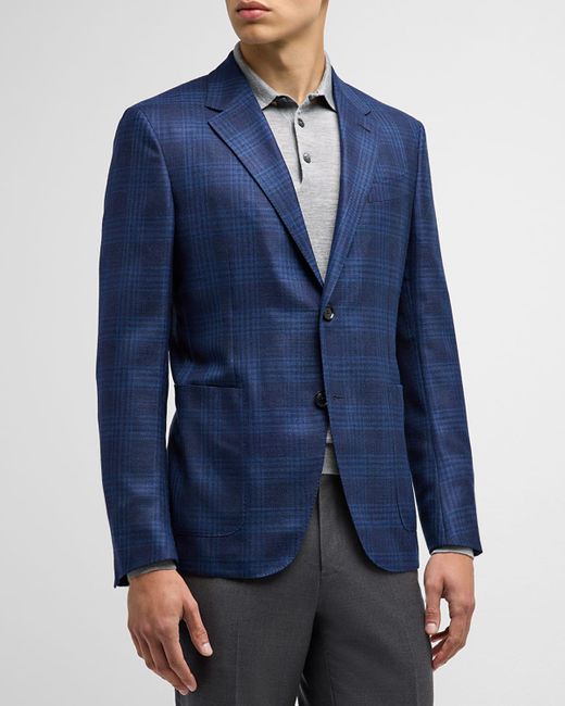 Zegna Blue Wool-Silk Plaid Sport Coat for men