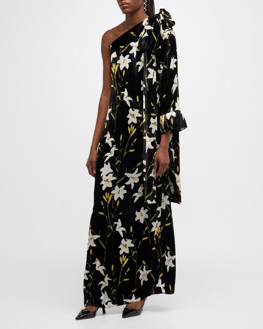 BERNADETTE Black Nel Velvet Floral One-shoulder Dress With Bow Shoulder