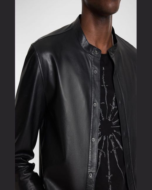 John Varvatos Black Bernard Band-Collar Leather Overshirt for men