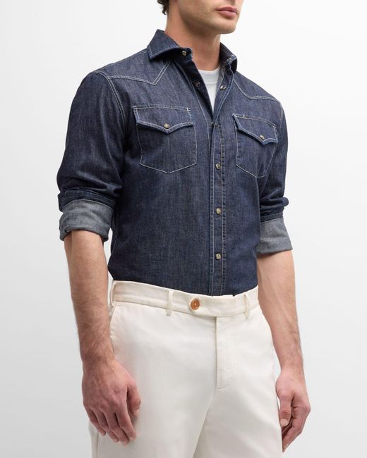Brunello Cucinelli Blue Denim Western Snap-Front Shirt for men