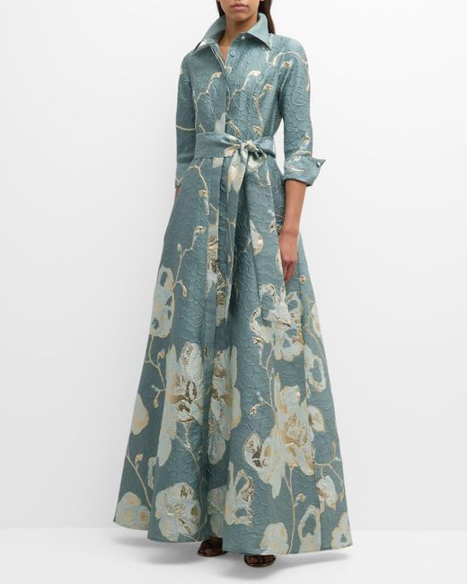 Teri Jon Blue Metallic Floral Jacquard Shirt Gown