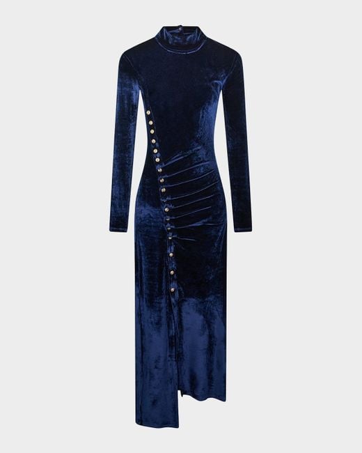 Rabanne Blue Mock-Neck Asymmetric Ruched Velvet Midi Dress