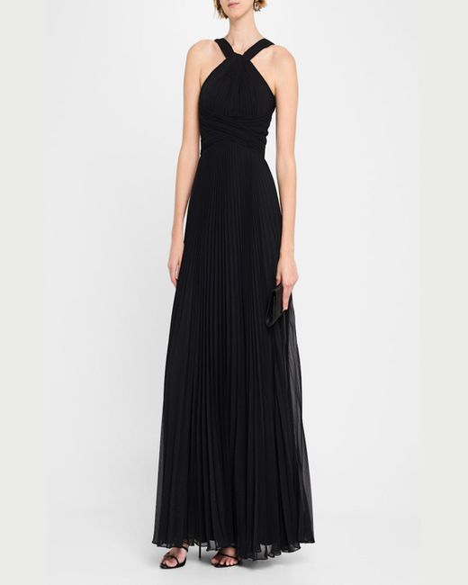 Teri Jon Black Pleated Twist-Front A-Line Halter Gown