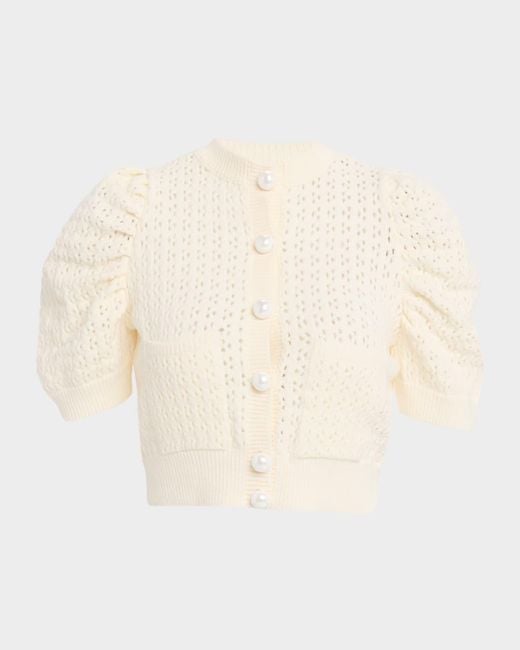 Dice Kayek Natural Pointelle Knit Puff-Sleeve Crop Cardigan