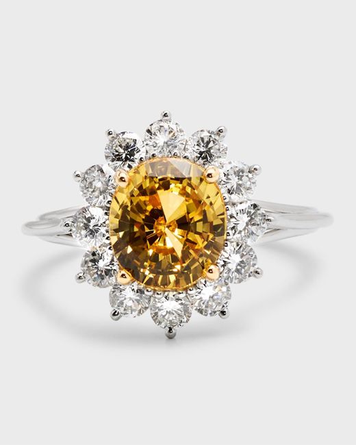 NM Estate White Estate Platinum And 18k Gold Yellow Sapphire Ring With Diamond Halo, Size 6.75