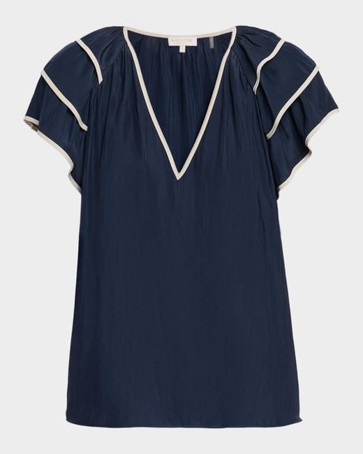 Ramy Brook Blue Jordan Tiered Ruffle-Sleeve Blouse