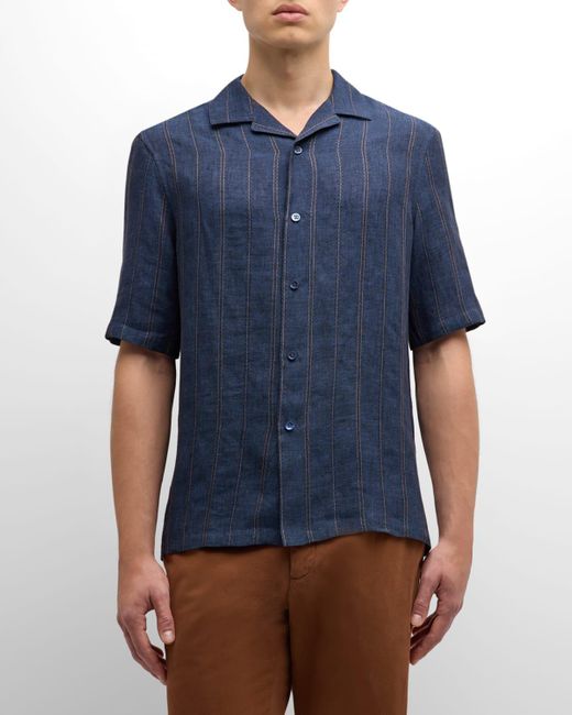 Brunello Cucinelli Blue Linen Embroidered Stripe Camp Shirt for men