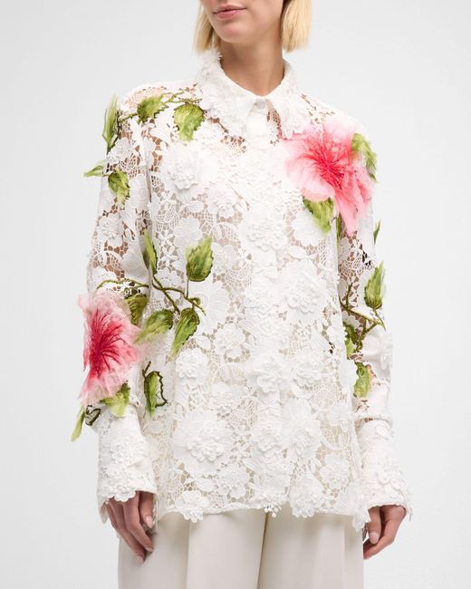 Oscar de la Renta White Hibiscus Embroidered Long-sleeve Floral Guipure Collared Top