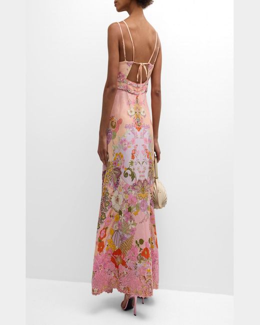 Camilla Pink Strappy Folkart Floral Linen Midi Dress