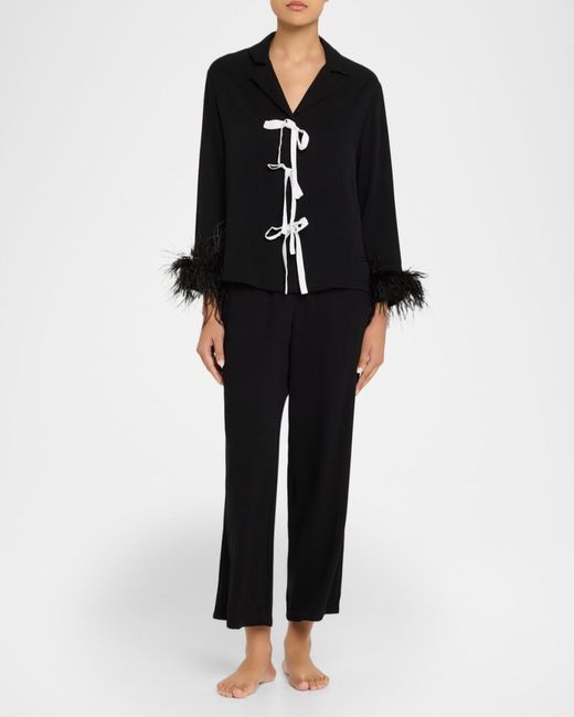 Sleeper Black Cropped Feather-Cuff Viscose Pajama Set