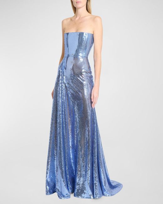 Alex Perry Blue Strapless Godet Drape Sequined Gown