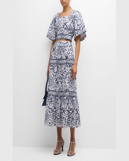 Misook Blue Tiered Eyelet Floral-Embroidered Midi Skirt