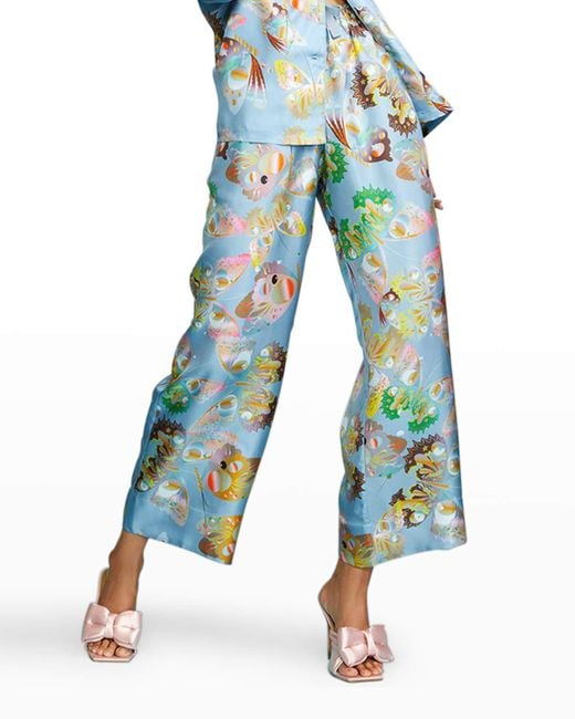 Cynthia Rowley Blue Butterfly-print Silk Wide-leg Pajama Pants