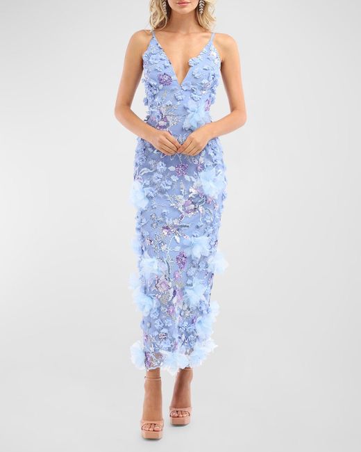 HELSI Blue Nora Deep V-neck Sequin & Applique Midi Dress