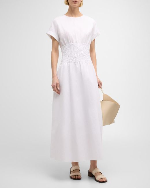 Lafayette 148 New York White Smocked A-Line Cotton-Silk Maxi Dress