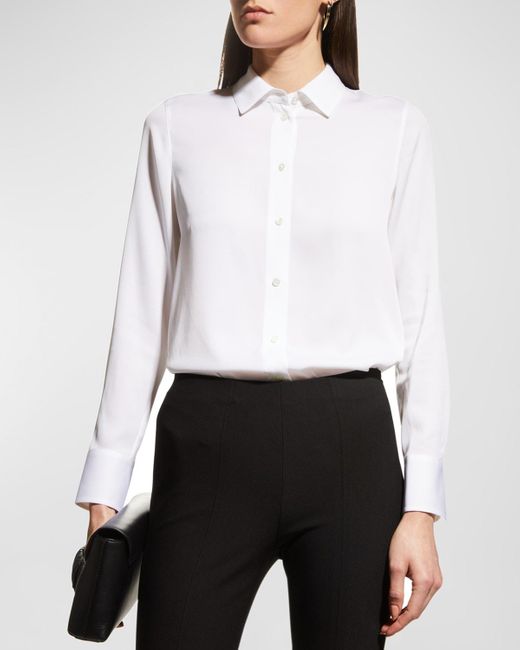 Vince White Slim-Fit Long-Sleeve Stretch-Silk Blouse