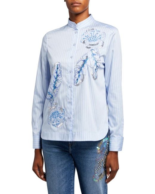 ESCADA Blue Naleaf Floral Embroidered Button-Front Top