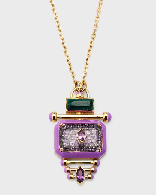 L'Atelier Nawbar Pink 18k Yellow Gold Little Barbie Moment Pendant Necklace With Amethyst And Malachite