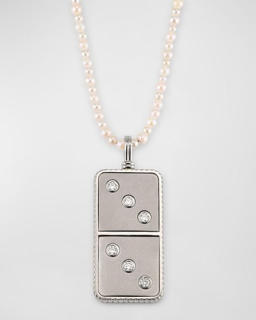 Retrouvai White Platinum And Diamond Domino Pendant On Akoya Pearl Necklace, 30"L