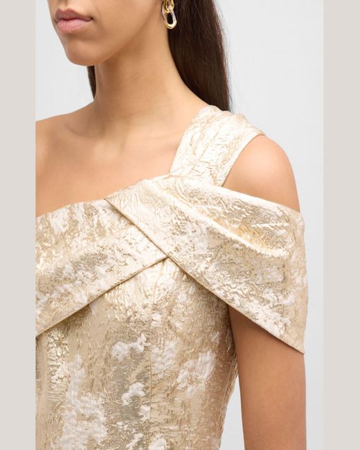 Teri Jon Natural One-Shoulder Metallic Jacquard A-Line Gown