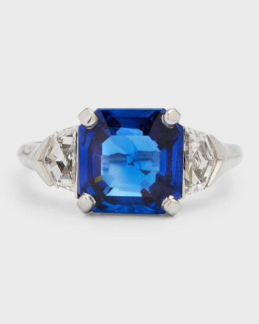 NM Estate Blue Estate Platinum Square Burma Sapphire And Diamond Deco Ring, Size 5.5