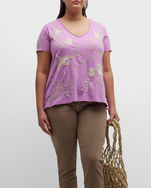 Johnny Was Purple Plus Size Frankie Embroidered V-neck Tee