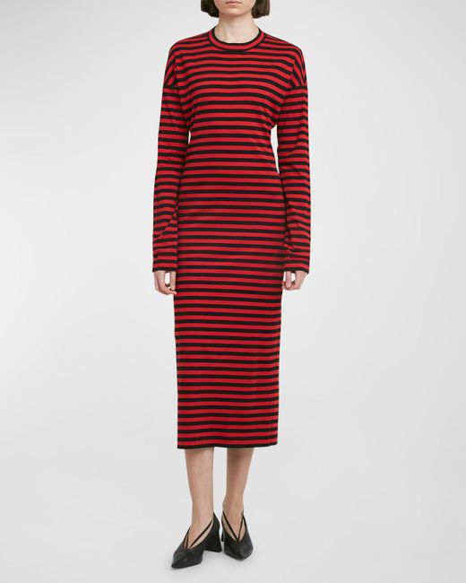Plan C Red Striped Long-Sleeve Midi T-Shirt Dress