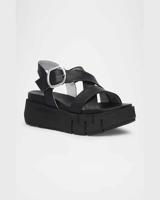 Nero Giardini Leather Crisscross Wedge Platform Sandals in Black | Lyst