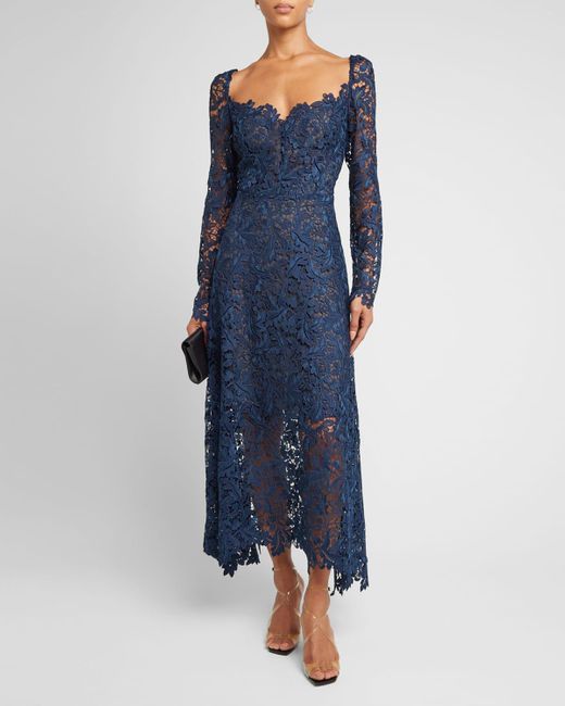 Oscar de la Renta Blue Acorn Guipure Sweetheart-neck Long-sleeve Tea-length Dress