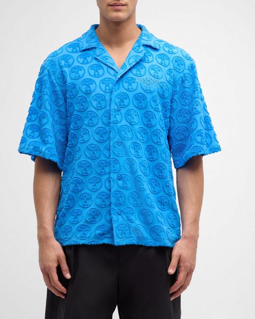 Moschino Blue Monogram Toweling Camp Shirt for men