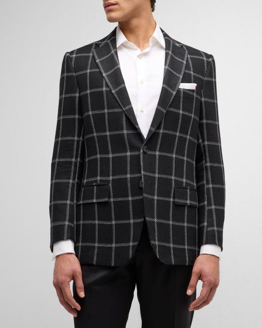 Kiton Black Cashmere-Linen Windowpane Sport Coat for men