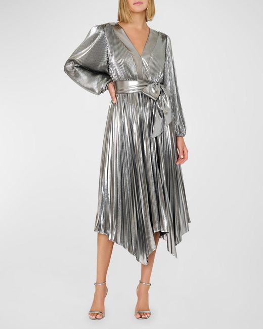 MILLY Gray Liora Pleated Metallic Handkerchief Midi Dress