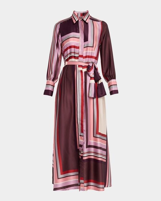 MISA Los Angles Red Herminia Geometric Stripe Maxi Shirtdress