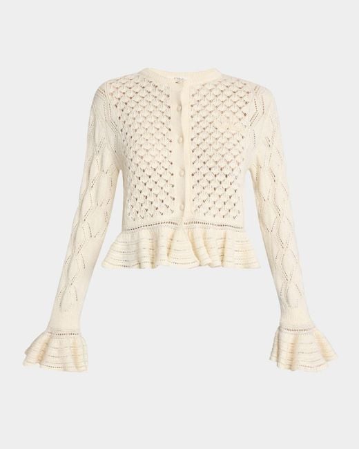 Chloé Natural Open-Knit Ruffle Crewneck Cardigan