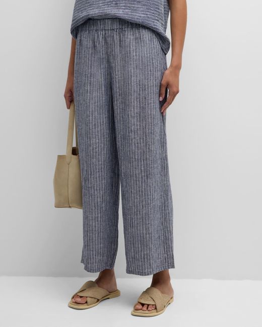 Eileen Fisher Blue Cropped Wide-Leg Striped Organic Linen Pants