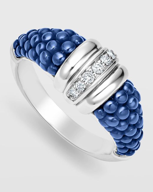 Lagos Blue Sterling Silver White Caviar Ceramic Diamond 1-row Taper Ring