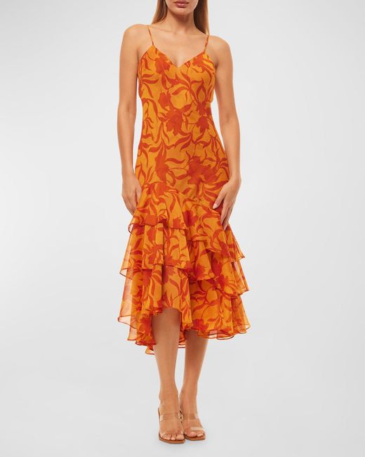 MISA Los Angles Orange Marisa Sleeveless Floral Midi Party Dress