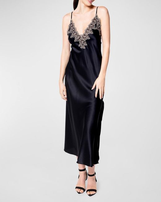 Christine Lingerie Black Diva Low-Back Lace-Trim Silk Nightgown