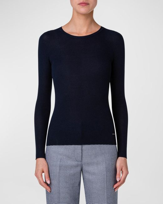 Akris Blue Silk Cotton Seamless Rib Fitted Sweater
